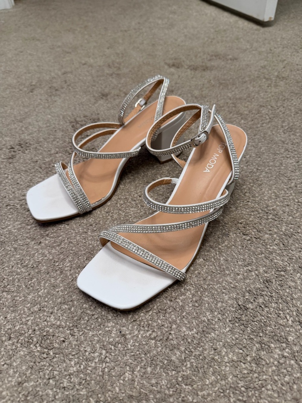 TOP Moda White Rhinestone Strappy Block Heel Sandals